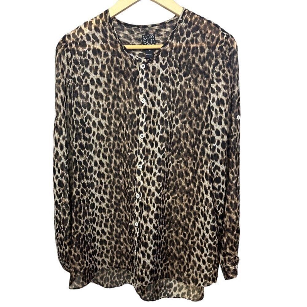 CLARA SUNWOO Women’s Animal Print Button Down Top/Coverup Brown Size Medium
